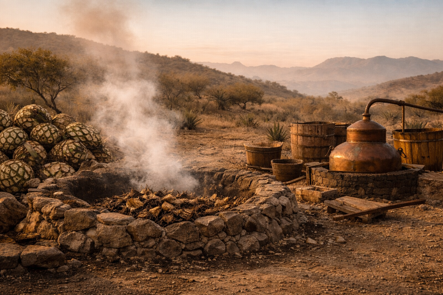 Traditional copper pot stills used in agave distillation